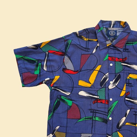 1990s abstract mens shirt, size M vintage 90s blue, red & green short sleeve top - Picture 3 of 10
